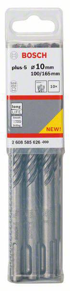 Verpackung mit Bosch plus-5 Bohrern, Durchmesser 10 mm, Länge 100/165 mm, 10 Stück. Geeignet für Beton und Mauerwerk.