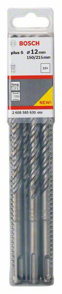 Verpackung von Bosch Bohrern, Modell 'plus-5', 12 mm Durchmesser, 150/215 mm Länge, 10 Stück, geeignet für Beton und ähnliches Material.