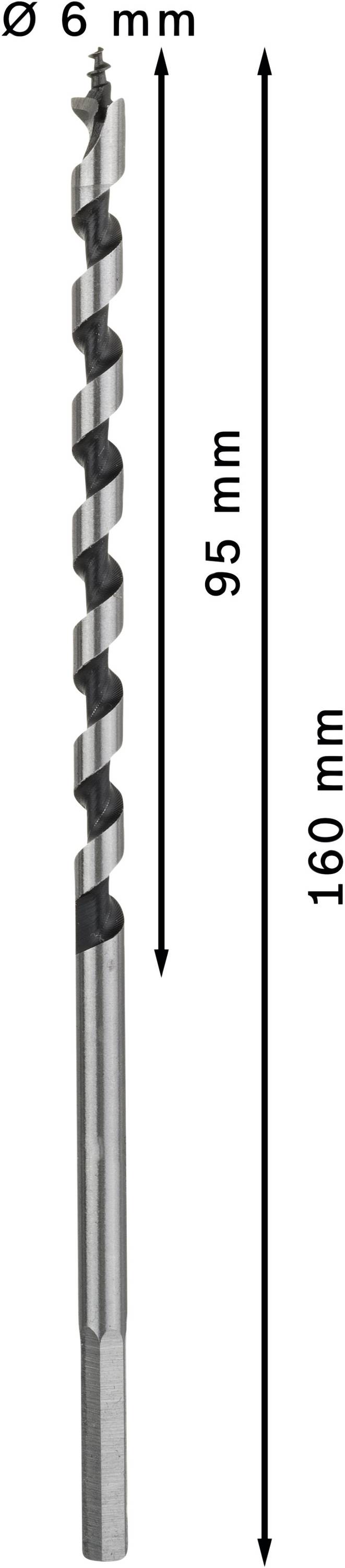 Spiralbohrer mit einem Durchmesser von 6 mm und einer Gesamtlänge von 160 mm. Der Bohrteil ist 95 mm lang.