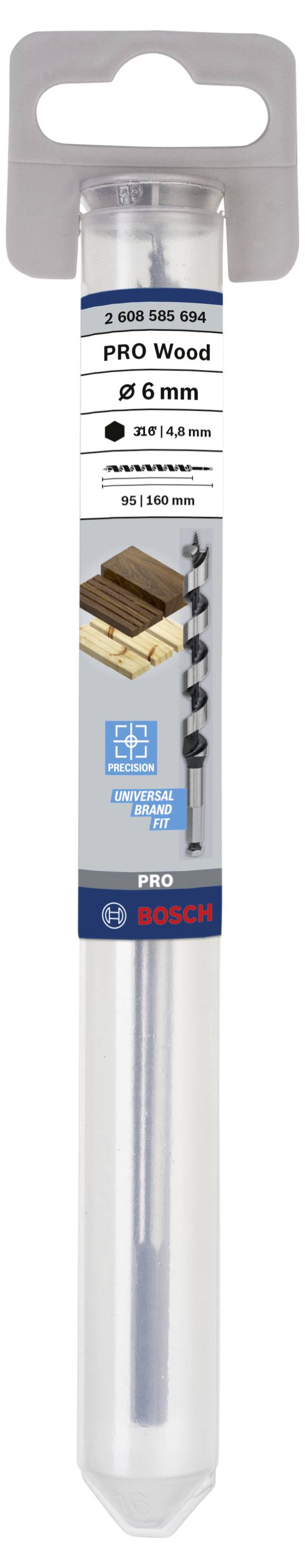 Bohrer für Holz von Bosch, 6 mm Durchmesser, in transparenter Verpackung mit Etikett; zeigt Anwendungsbeispiel und Produktdetails.