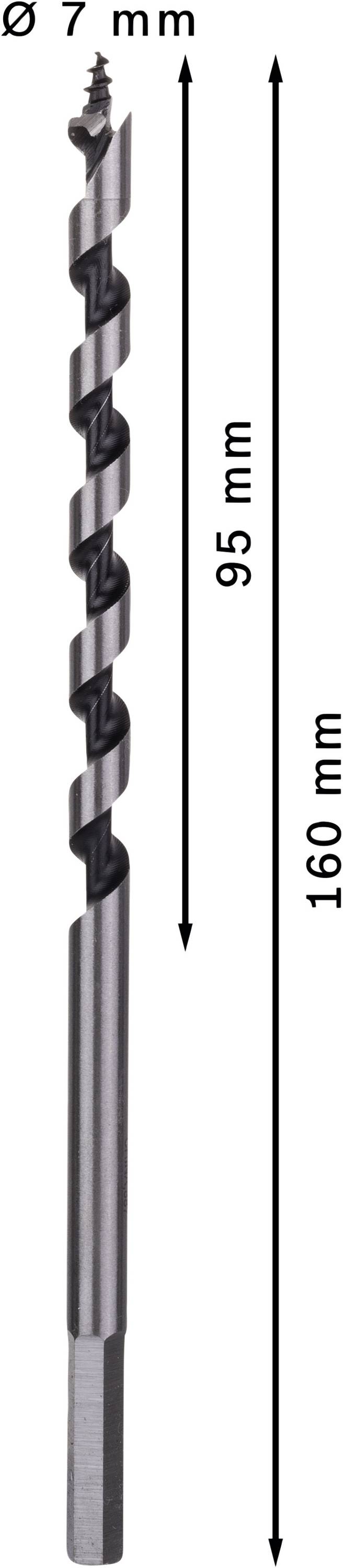 Holzbohrer mit spiralförmigem Design, 160 mm Gesamtlänge, 95 mm Spirallänge, Durchmesser 7 mm, geeignet für Holzarbeiten.