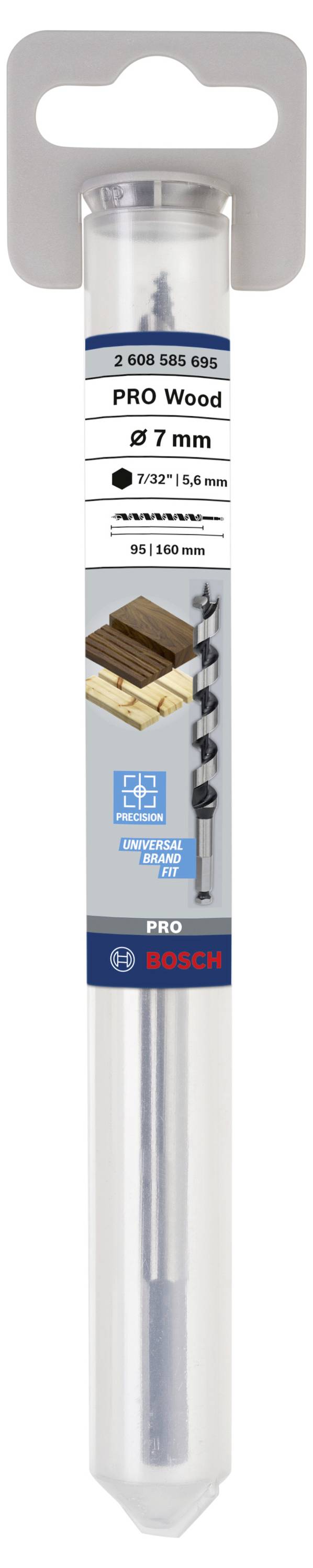 Bohrer für Holz, Durchmesser 7 mm, Marke Bosch, verpackt in Kunststoffhülle mit Etikett 'PRO Wood'. Suitable for precision drilling.