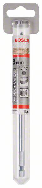 Verpackung eines Bosch Bohrers, 8 mm Durchmesser. Text auf der Verpackung: '8 mm, 6,35 mm.' Enthält Bohrerdetails und Markenlogo.