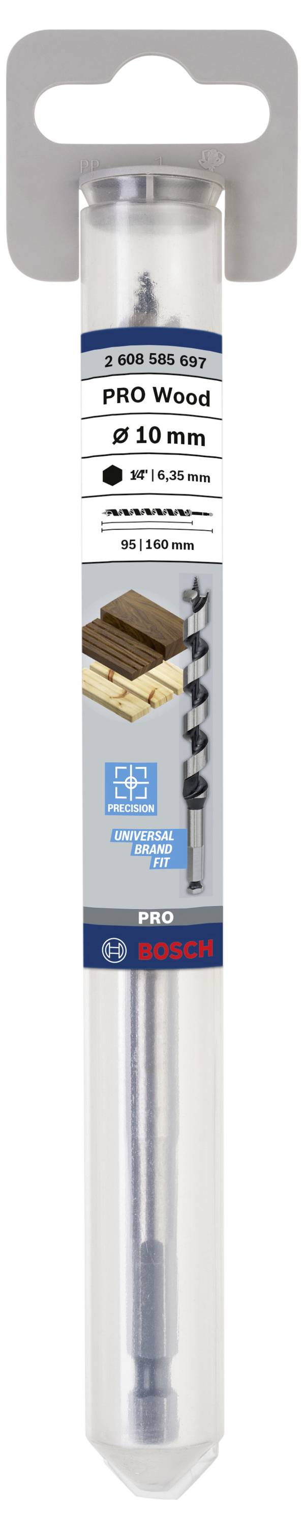 Bohrer-Set, verpackt, 'PRO Wood' für 10 mm Holzbohrungen, 3er-Set, angezeigt mit Holz- und Bohrsymbolen, Marke Bosch.
