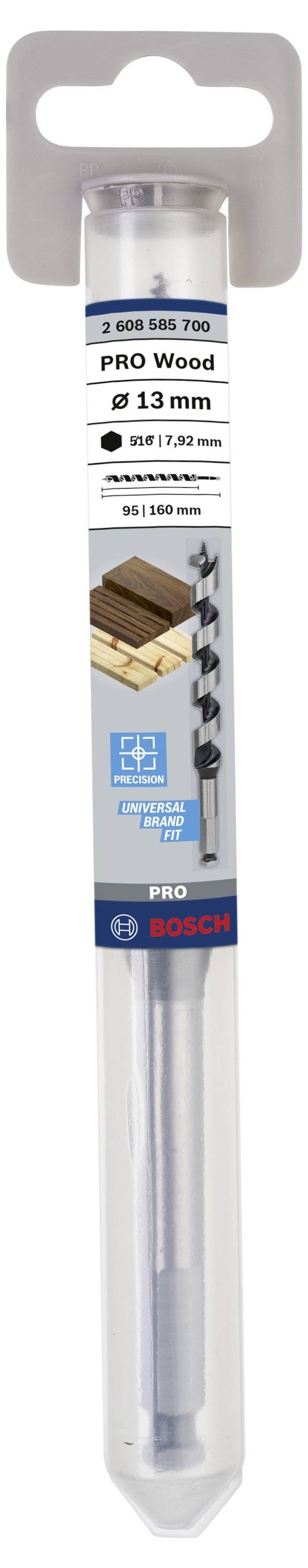 Bosch Holzbohrer 'Pro Wood' mit 13 mm Durchmesser, in Kunststoffverpackung gezeigt. Geeignet für Holzarbeiten, 231 mm Länge.