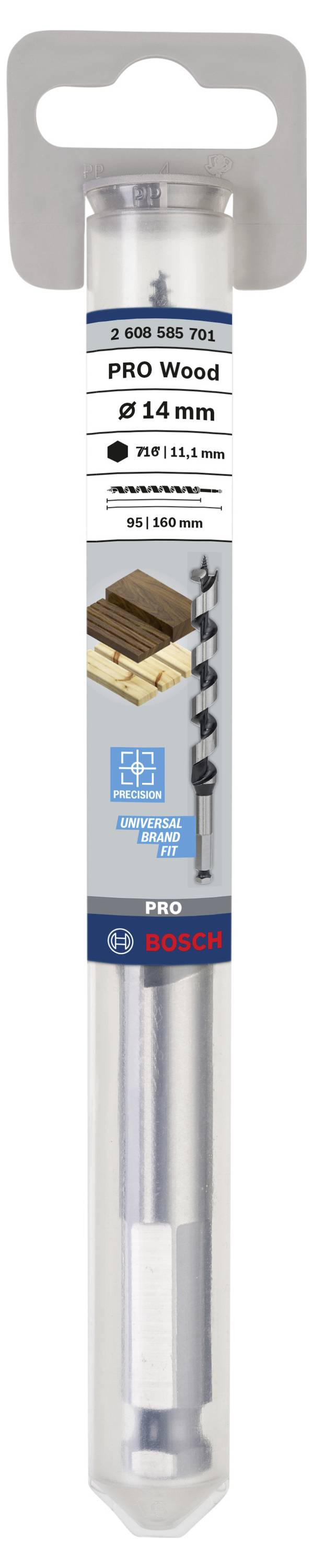 Eine 14 mm PRO Wood Holzbohrer-Verpackung von Bosch mit Bild eines Holzbohrers. Geeignet für Holzarbeiten, in stabiler Hülle.