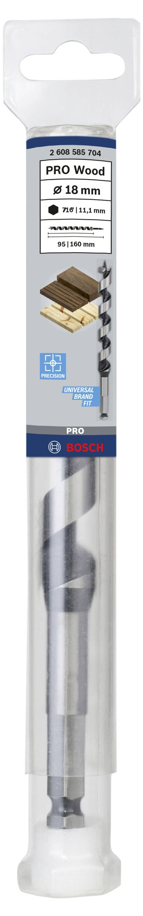 Bohrer für Holz mit 18 mm Durchmesser von Bosch, in transparenter Verpackung. Geeignet für präzises Bohren in Holzbrettern.
