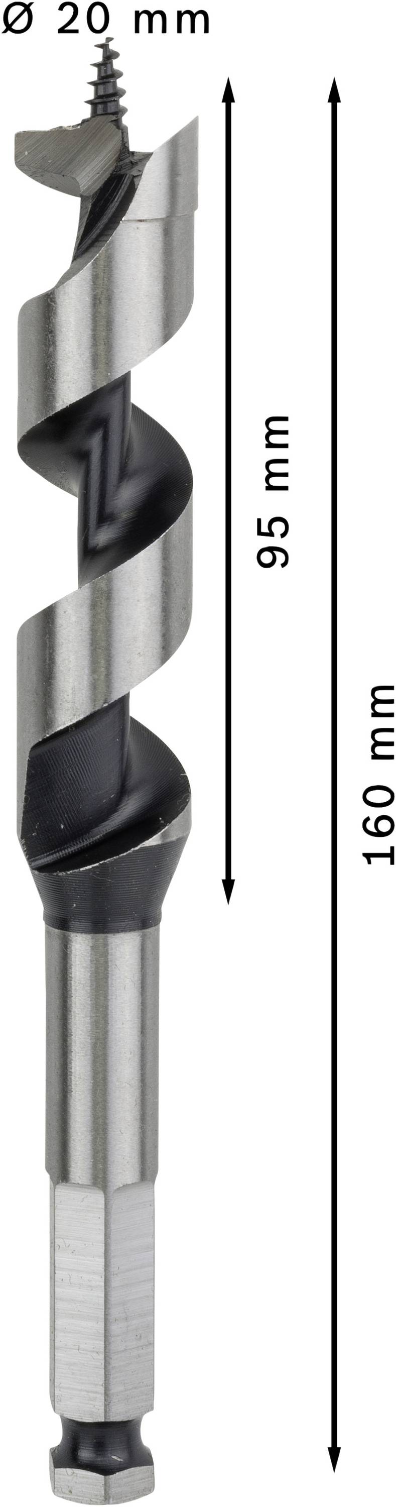 Bohrer mit 20 mm Durchmesser, Gesamtlänge 160 mm, Spirallänge 95 mm.