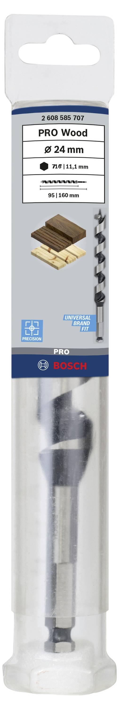 Verpackung eines Bosch Holzbohrers, Durchmesser 24 mm. Aufdruck: 'PRO Wood'. Geeignet für Holzbohren, Abbildung von Holzdielen.