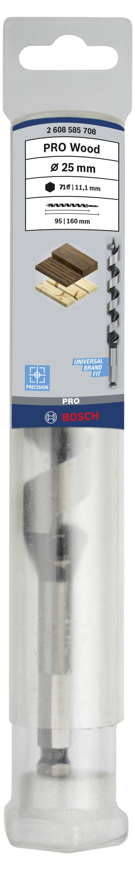 Bohrer für Holz, 25 mm Durchmesser, geeignet für weiche und harte Hölzer, Marke Bosch, Länge 250 mm, 5 Stück enthalten.