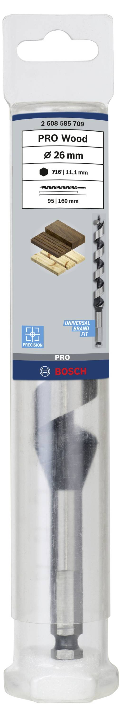 Bohrerpackung mit Forstnerbohrer '28 mm'. Geeignet für weiches und hartes Holz. Sechs andere Bohrer sind abgebildet. Marke: Bosch.