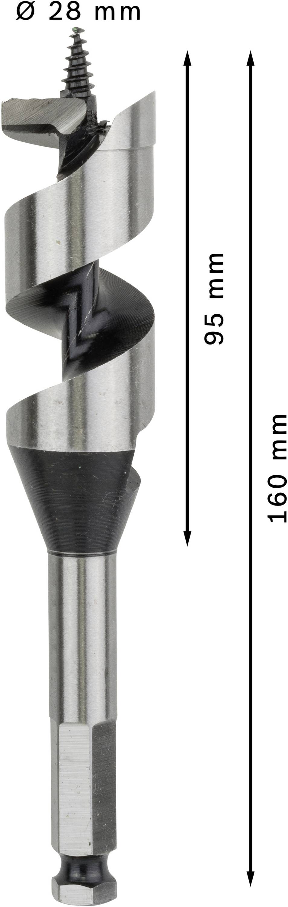 Bohrer mit einer Gesamtlänge von 160 mm und einem Durchmesser von 28 mm. Bohrlänge beträgt 95 mm.