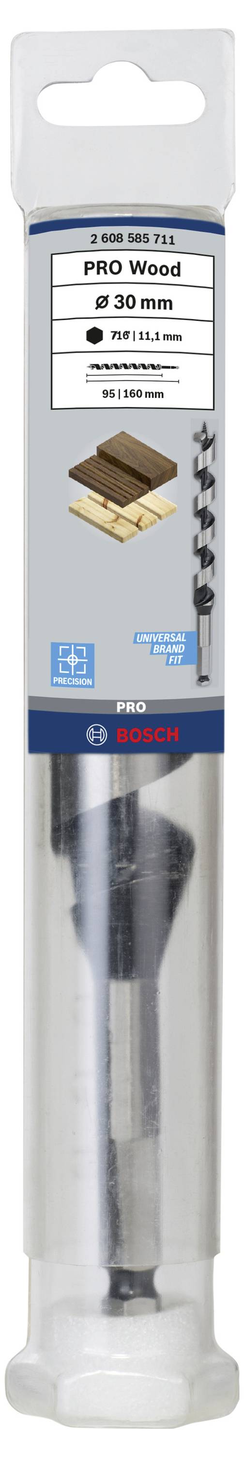 'Bosch' Forstnerbohrer für Holz, Durchmesser 30 mm, verpackt in einer Plastikverpackung mit blauen und weißen Etiketten.