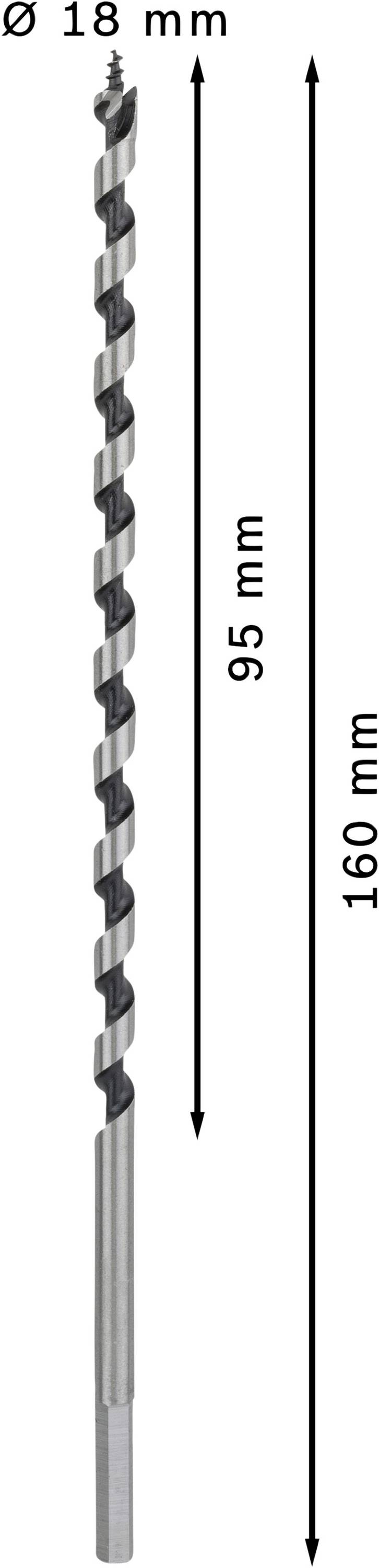 Ein metallischer Bohrer mit 18 mm Durchmesser, 160 mm Gesamtlänge, davon 95 mm nutzbare Schneidelänge.