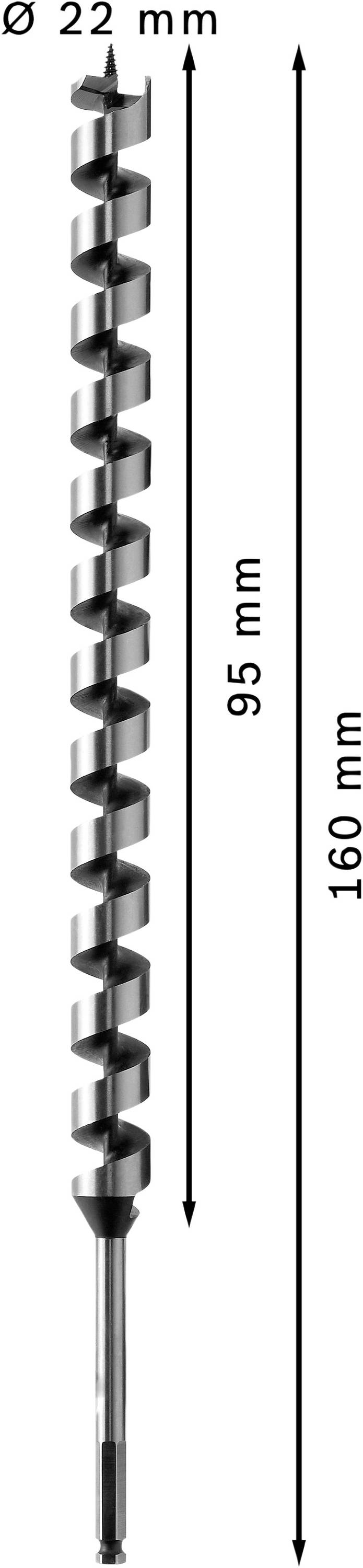 Bohrer mit einer Länge von 160 mm, einem Schneckendurchmesser von 22 mm und einer Spanne von 95 mm.