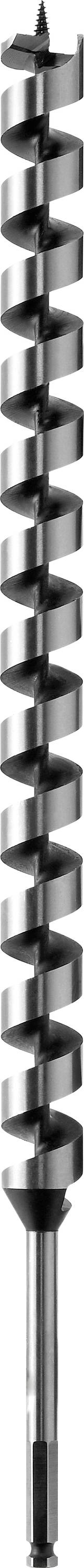 Ein schwarz-weißes Bild eines Metallbohrers mit mehreren verdrehten Klingen, die an einem zylindrischen Schaft angebracht sind.