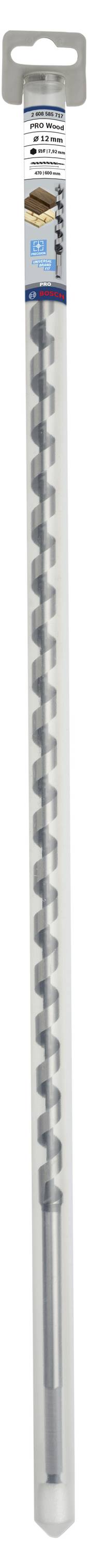 Verpacktes Bohrfutter mit grauem universal Bohrer, Markenname oben, geeignet für Beton, Mauerwerk und Stein.