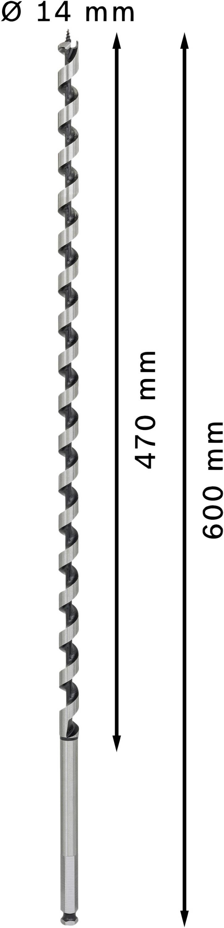 Bohrer mit einer Gesamtlänge von 600 mm und einem Durchmesser von 14 mm. Nutzbare Länge beträgt 470 mm.
