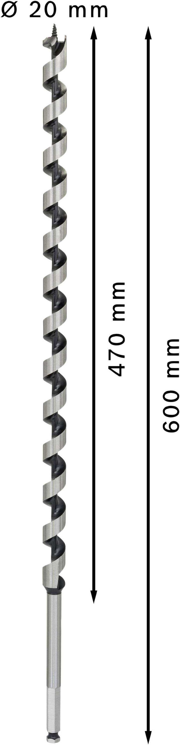 Bohrer mit 20 mm Durchmesser und 600 mm Gesamtlänge, davon 470 mm Schraubenteil.