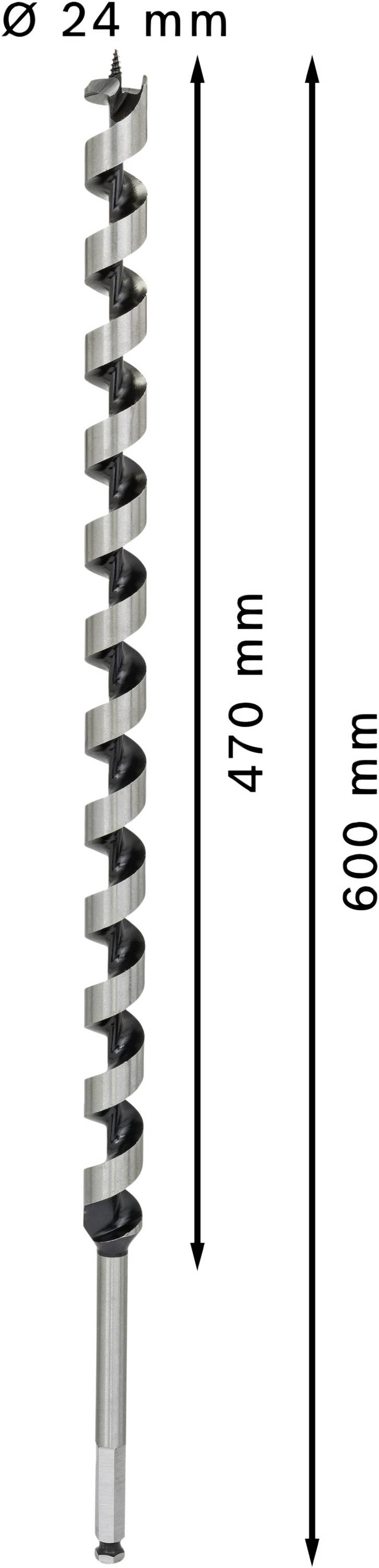 Bohrer mit 600 mm Länge, 470 mm Spirale und 24 mm Durchmesser. Verwendet für tiefe Bohrungen.