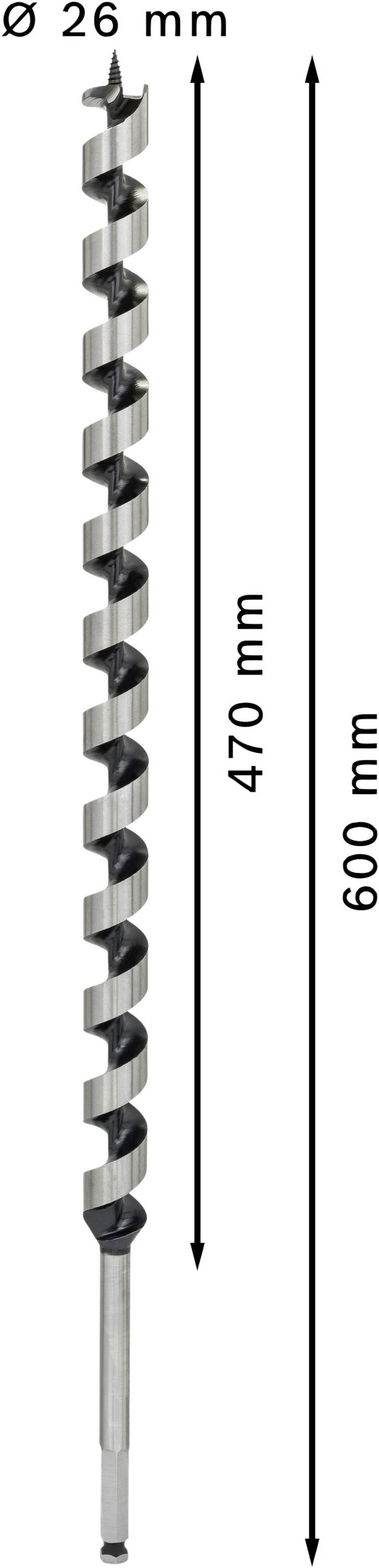 Der Bild zeigt einen Bohrer mit einem Durchmesser von 26 mm und einer Gesamtlänge von 600 mm, wovon 470 mm funktional sind.