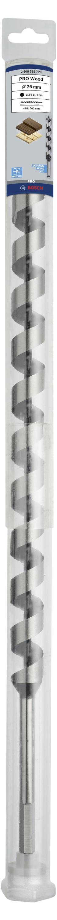 Ein langer Bohrer in einer transparenten Kunststoffverpackung, geeignet für Holzarbeiten, aufrecht dargestellt.