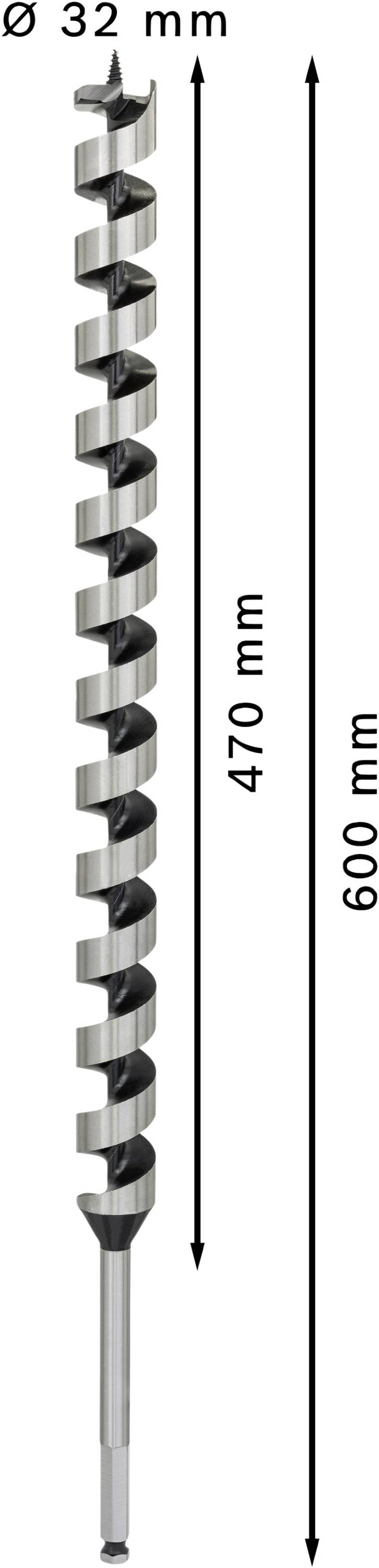 Bohrer mit 32 mm Durchmesser, 600 mm Gesamtlänge, 470 mm Spirallänge.