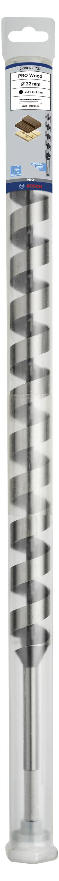 Bohrer in Verpackung, 16 mm Durchmesser, 600 mm Länge. Grauer, spiralförmiger Metallkörper für Beton. Kunststoffhülle oben mit Produktetikett.