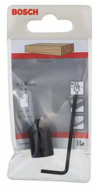 Verpackung eines Bosch-Taschenlochbohrers mit Schlüssel. Geeignet für Holzbohrungen bis 16 mm und 90-Grad-Winkel.