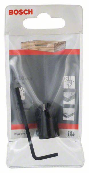 Bosch Oberfräser-Set in Verpackung mit Fräsersymbolen und Maße 8-16 mm, inklusive beigefügtem Inbusschlüssel.