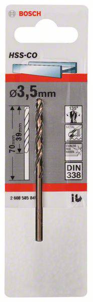 Bohrer von Bosch, HSS-CO 3,5 mm, geeignet für Metall, mit Do-it-yourself- und Holzsymbolen auf der Verpackung.
