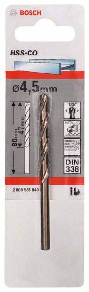 Verpackung eines Bosch HSS-CO Metallbohrers, 4,5 mm Durchmesser, 80 mm Länge. Zeigt Spezifikationen und Piktogramme zur Anwendung.