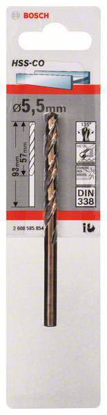 Bohrer von Bosch, HSS-CO, Durchmesser 5,5 mm. Geeignet für Metallbearbeitung. Verpackung zeigt technische Details und Anwendungsbereich.