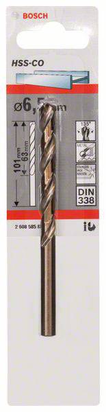 Bohraufsatz von Bosch, HSS-CO, Durchmesser 6,5 mm, geeignet für Metallbohrungen, robuste Verpackung mit technischen Details aufgedruckt.
