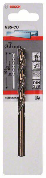 Bohrer Verpackung von Bosch, HSS-CO, Durchmesser 7mm, Länge 109mm, geeignet für Metall. DIN 338 Norm.