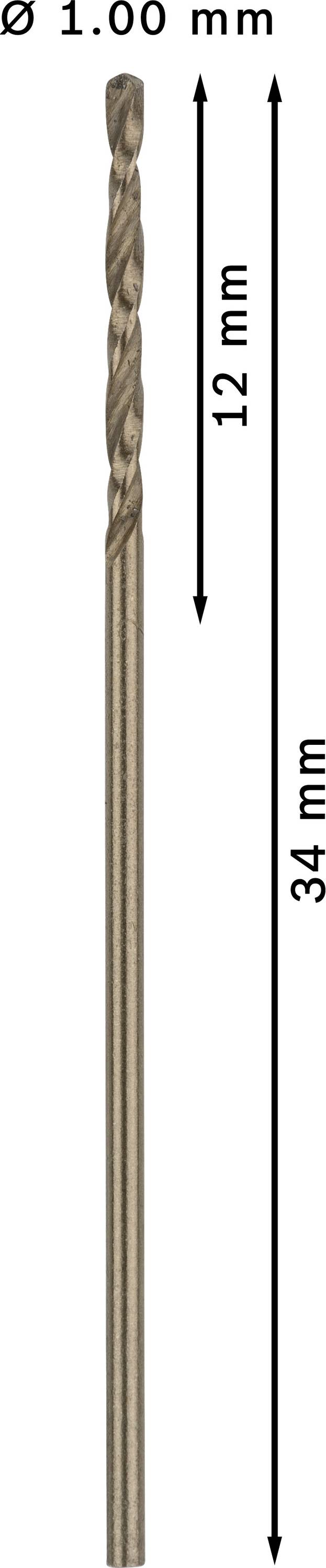 Bohrer mit einem Durchmesser von 1,00 mm. Gesamtlänge 34 mm, Spirallänge 12 mm.