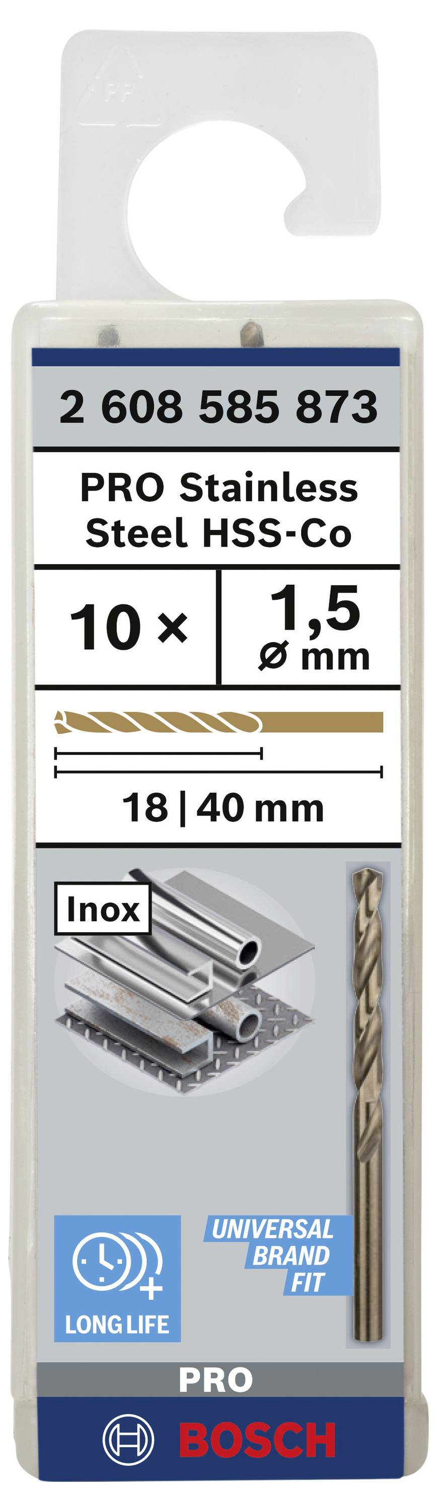 Bosch Accessories 2608585873 HSS Metall-Spiralbohrer 1.5mm Gesamtlänge 40mm Cobalt DIN 338 Zylinderschaft 10St.