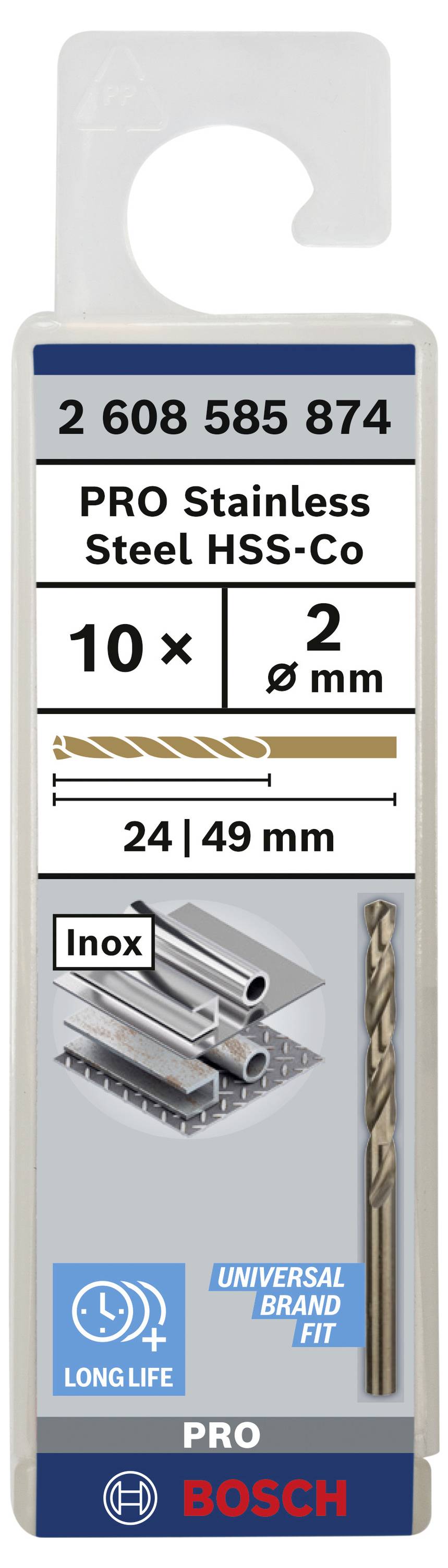 Bosch Accessories 2608585874 HSS Metall-Spiralbohrer 2mm Gesamtlänge 49mm Cobalt DIN 338 Zylinderschaft 10St.