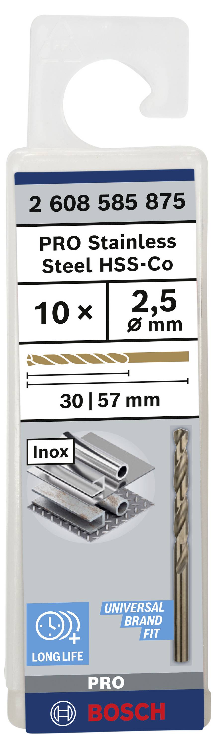 Bosch Accessories 2608585875 HSS Metall-Spiralbohrer 2.5mm Gesamtlänge 57mm Cobalt DIN 338 Zylinderschaft 10St.