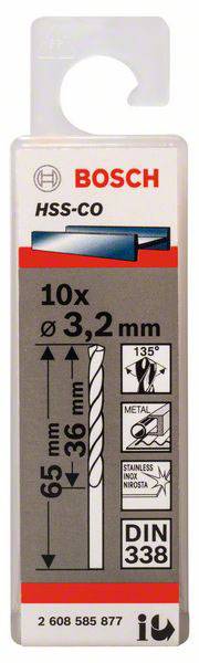 Bosch Accessories 2608585877 HSS Metall-Spiralbohrer 3.2mm Gesamtlänge 65mm Cobalt DIN 338 Zylinderschaft 10St.
