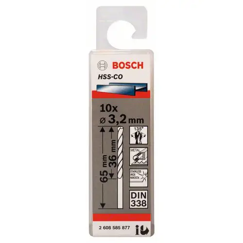 Bosch Accessories 2608585877 HSS Metall-Spiralbohrer 3.2mm Gesamtlänge 65mm Cobalt DIN 338 Zylinderschaft 10St. Bosch Accessories 2608585877 HSS Metall-Spiralbohrer 3.2mm Gesamtlänge 65mm Cobalt DIN 338 Zylinderschaft 10St.