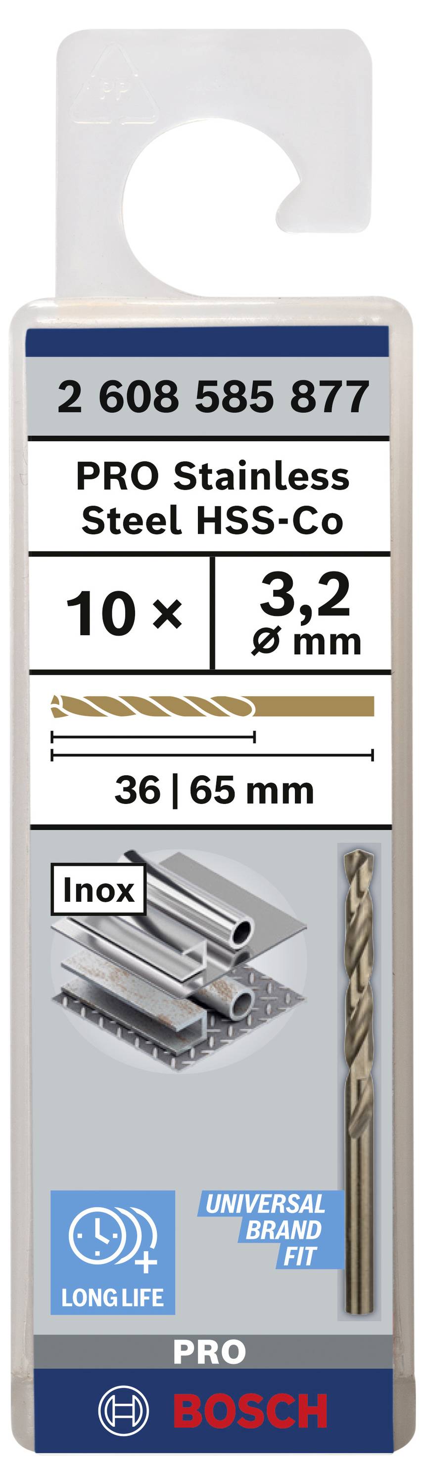 Bosch Accessories 2608585877 HSS Metall-Spiralbohrer 3.2mm Gesamtlänge 65mm Cobalt DIN 338 Zylinderschaft 10St.