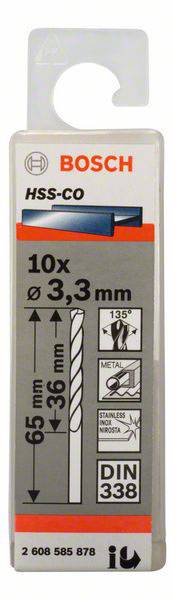 Bosch Accessories 2608585878 HSS Metall-Spiralbohrer 3.3mm Gesamtlänge 65mm Cobalt DIN 338 Zylinderschaft 10St.