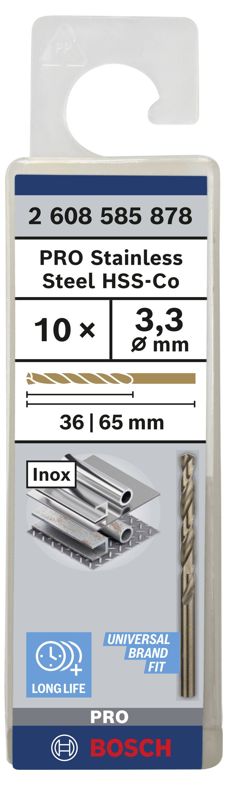 Bosch Accessories 2608585878 HSS Metall-Spiralbohrer 3.3mm Gesamtlänge 65mm Cobalt DIN 338 Zylinderschaft 10St.
