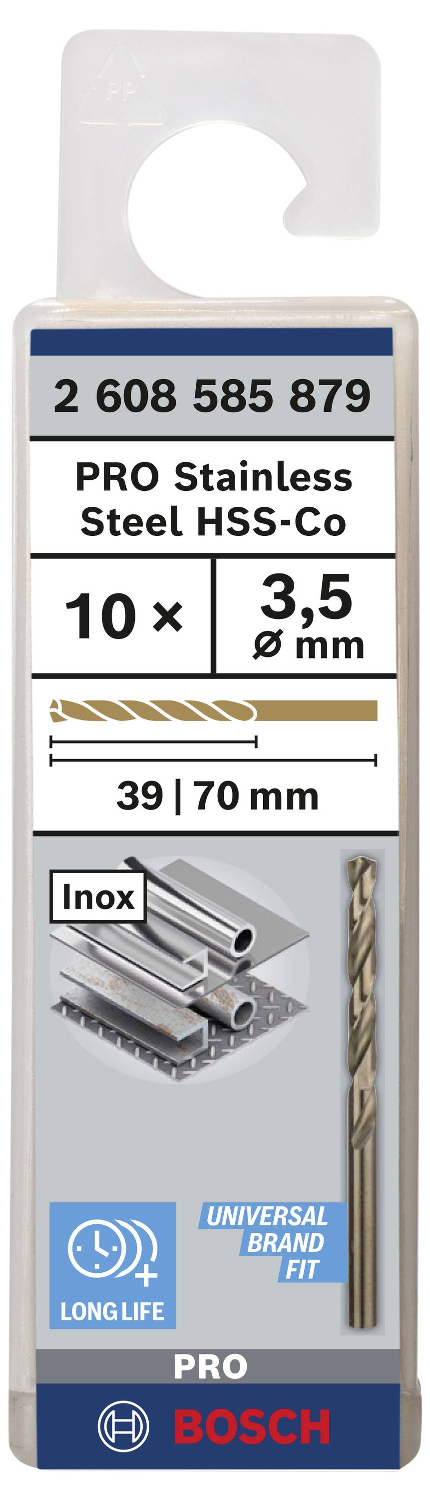 Bohrer-Verpackung von Bosch für Edelstahl. Enthält 10 Stück, Größe 3,5 mm. Geeignet für Metall, mit 'Long Life' und 'Universal Brand Fit' Symbolen.
