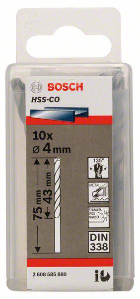 Bosch Accessories 2608585880 HSS Metall-Spiralbohrer 4mm Gesamtlänge 75mm Cobalt DIN 338 Zylinderschaft 10St.