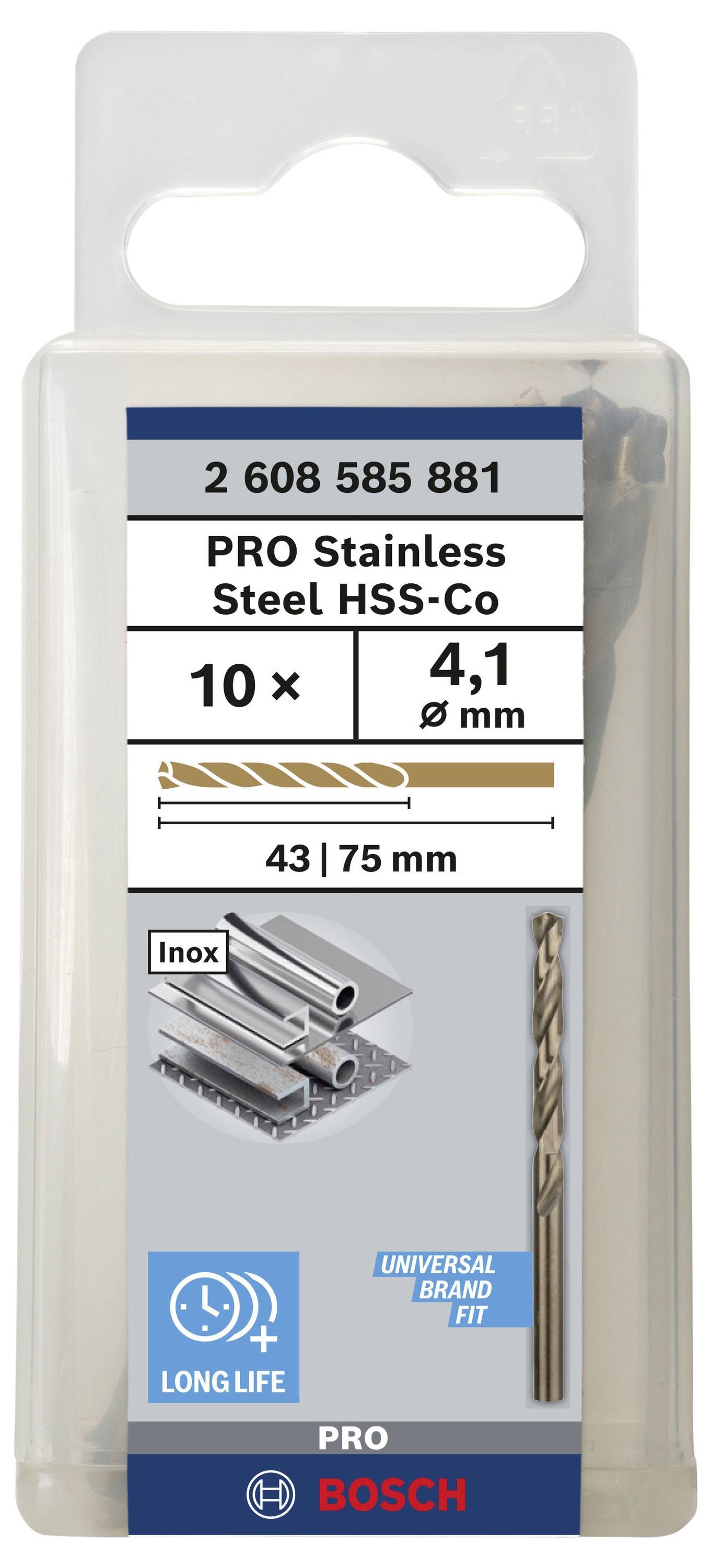 Bosch Accessories 2608585881 HSS Metall-Spiralbohrer 4.1mm Gesamtlänge 75mm Cobalt DIN 338 Zylinderschaft 10St.