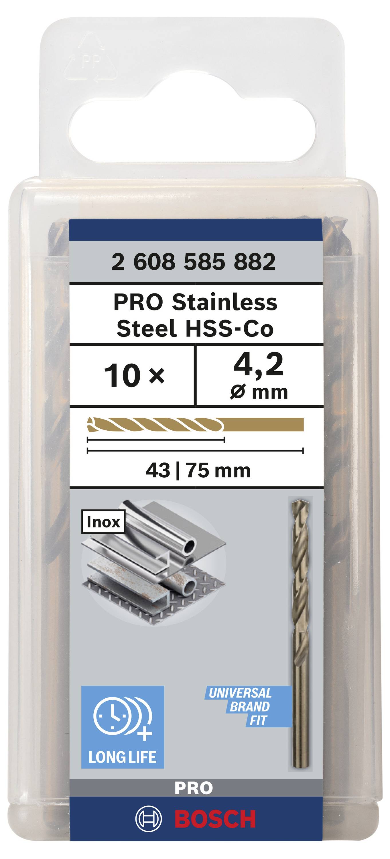 Bosch Accessories 2608585882 HSS Metall-Spiralbohrer 4.2mm Gesamtlänge 75mm Cobalt DIN 338 Zylinderschaft 10St.