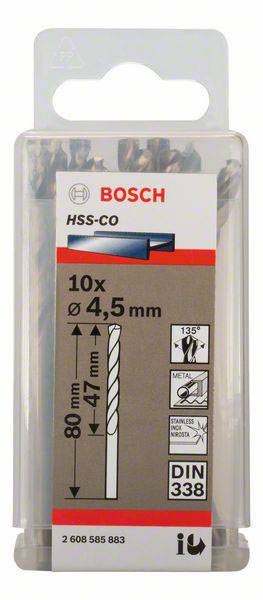 Bosch Accessories 2608585883 HSS Metall-Spiralbohrer 4.5mm Gesamtlänge 80mm Cobalt DIN 338 Zylinderschaft 10St.