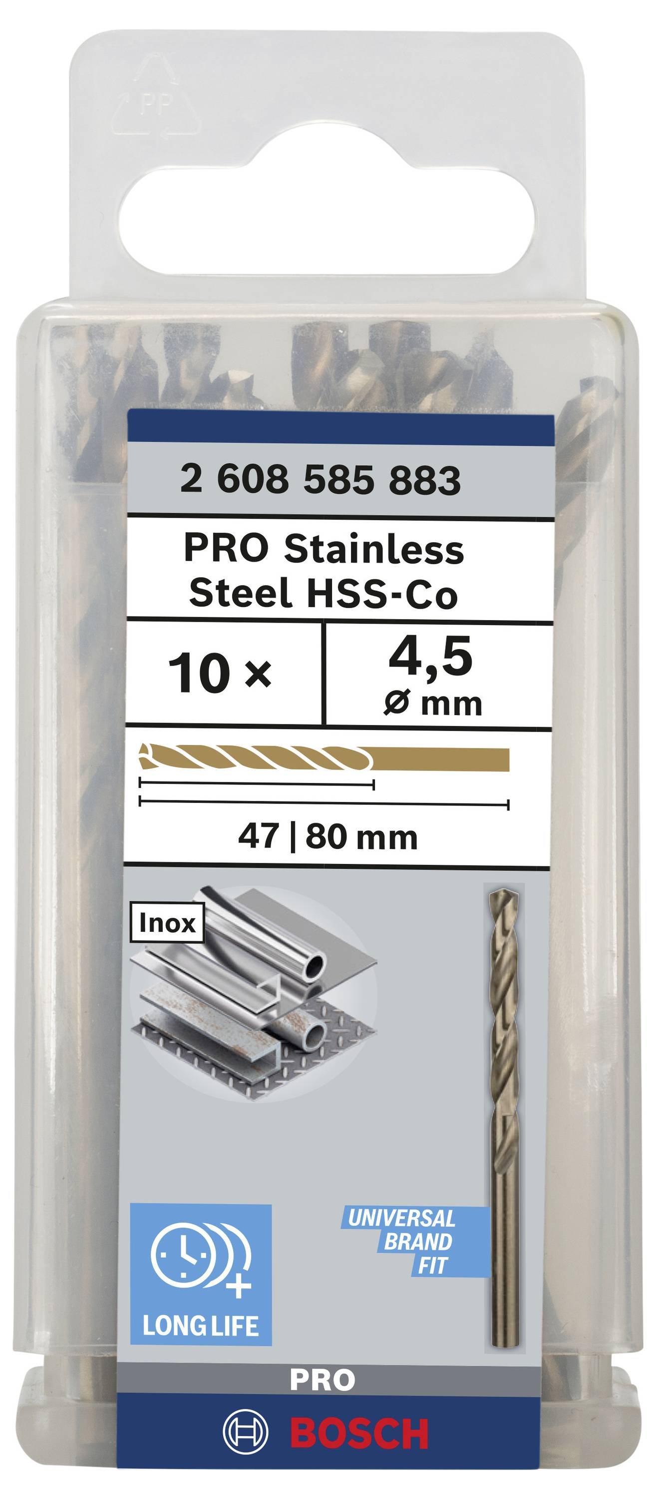 Bosch Accessories 2608585883 HSS Metall-Spiralbohrer 4.5mm Gesamtlänge 80mm Cobalt DIN 338 Zylinderschaft 10St.